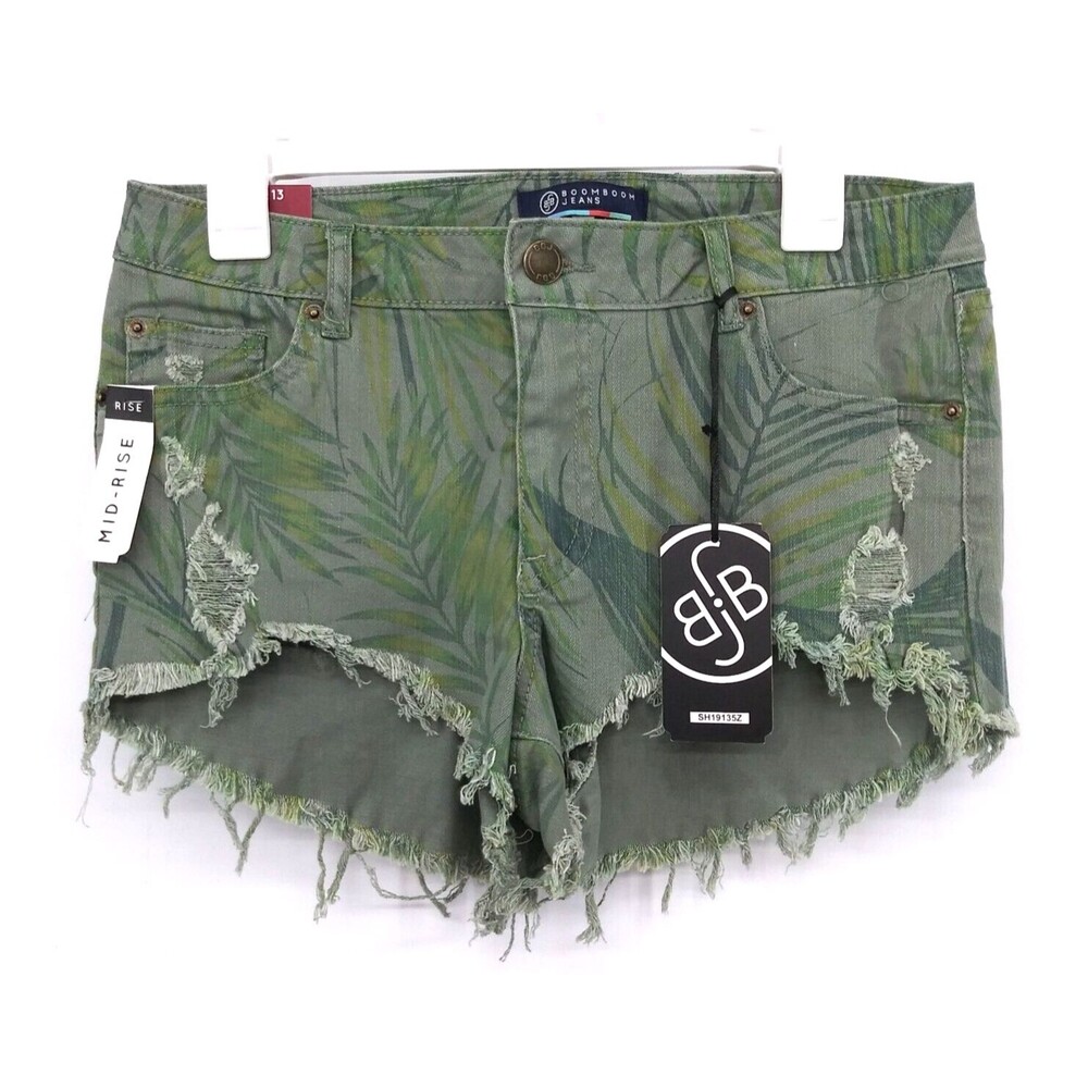 Boom Boom Jeans Shorts Womens 13 Green Floral Distressed Denim Mid Rise NWT